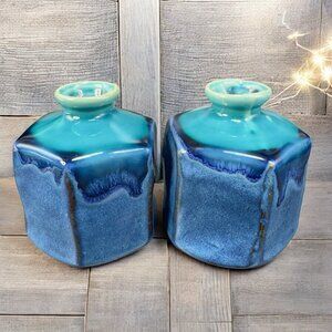 Kotobuki Peppercorn Hexagon Vase Set 2 Made in Japan W Tags Blue Green Glaze VTG
